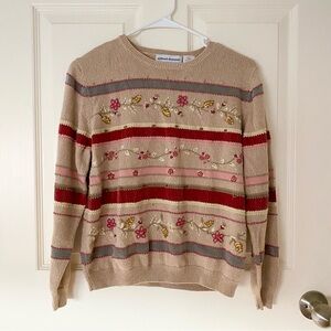 Alfred Dunner Vintage Cottagecore Sweater Pink Green Beige Tan